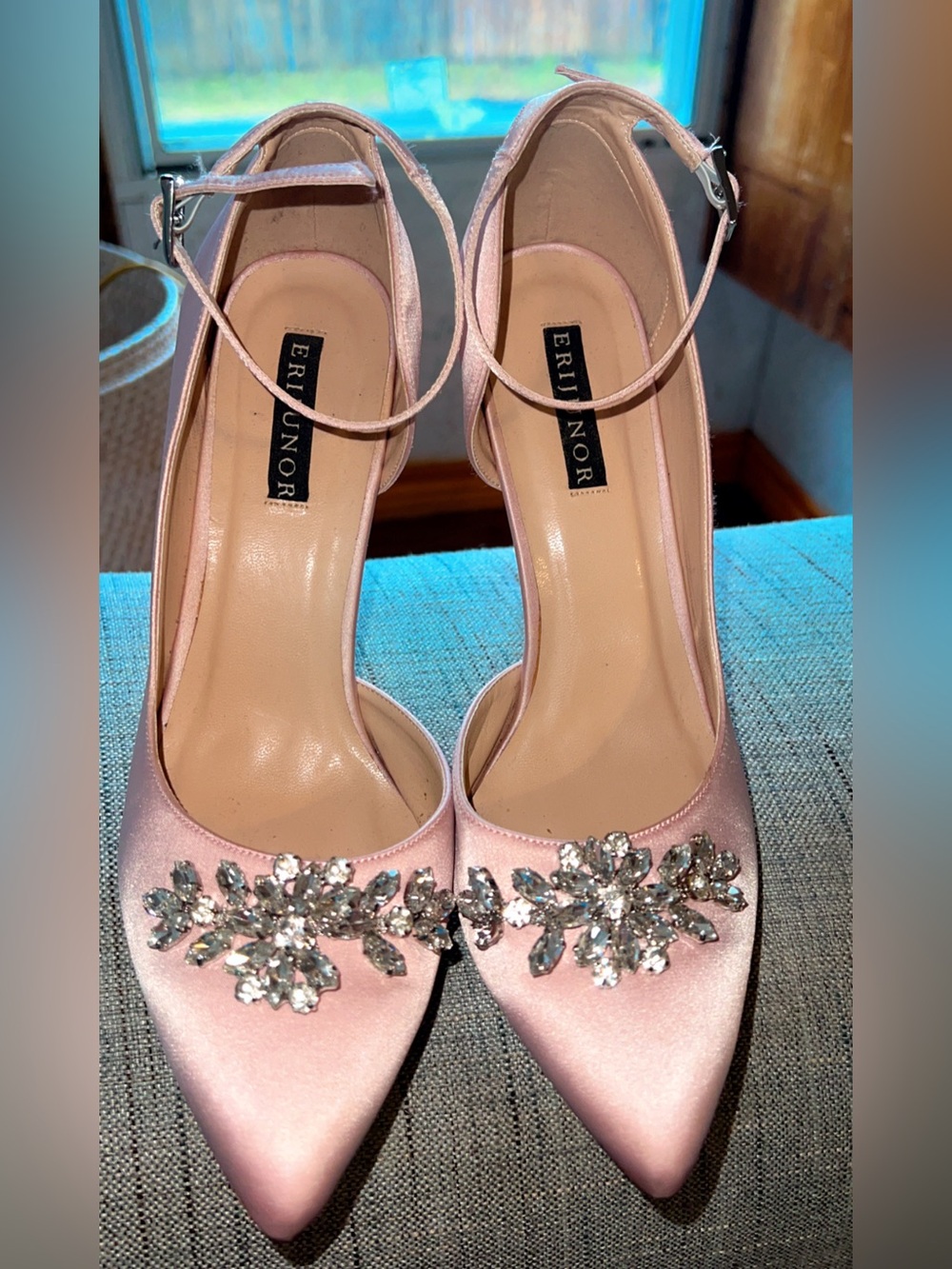Pink Satin Crystal Ankle-Strap Pumps